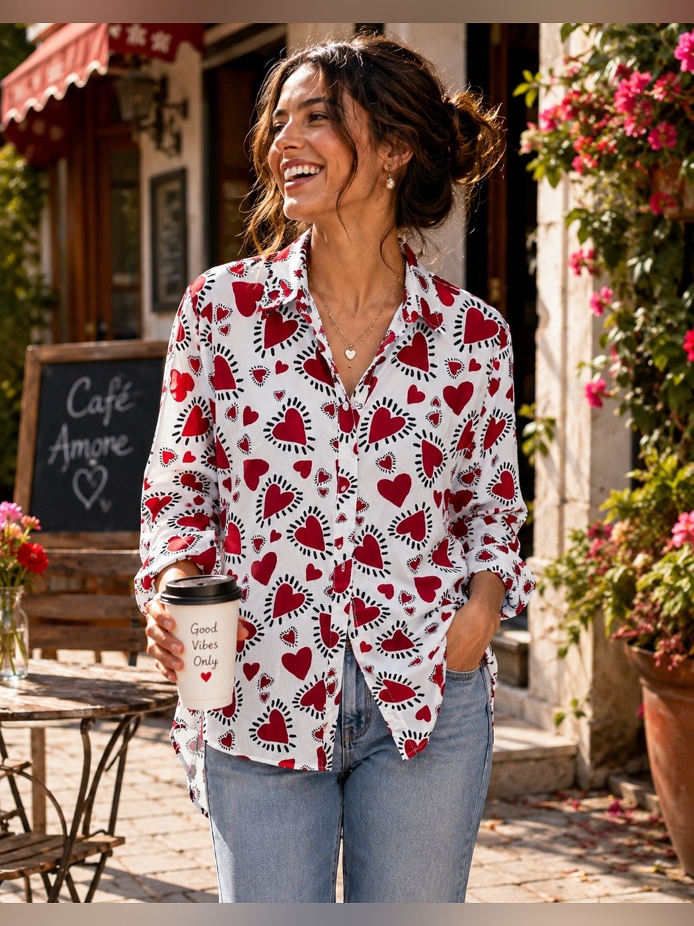 Lulumari Red and Black Heart Button Down Shirt
